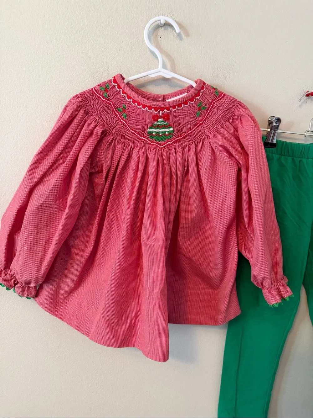 Stitchy Fish Red Smocked Christmas Ornament Top with Green Leggings